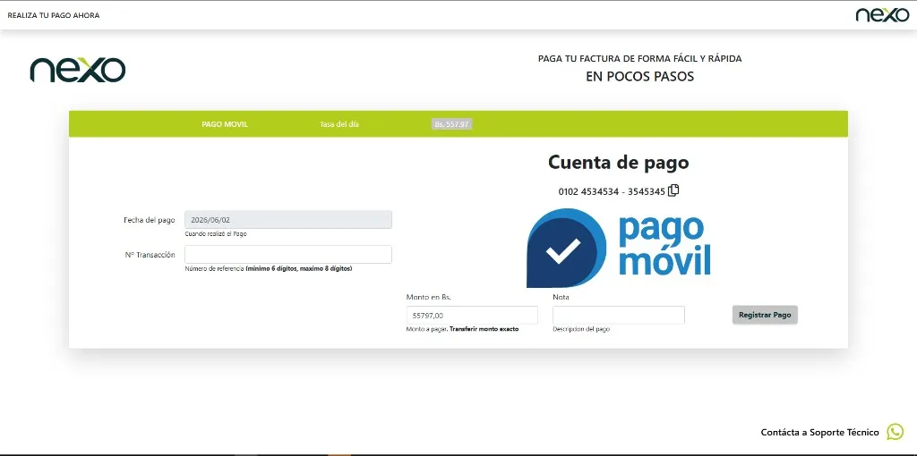 Formulario de pago móvil en el portal de facturación Nexo