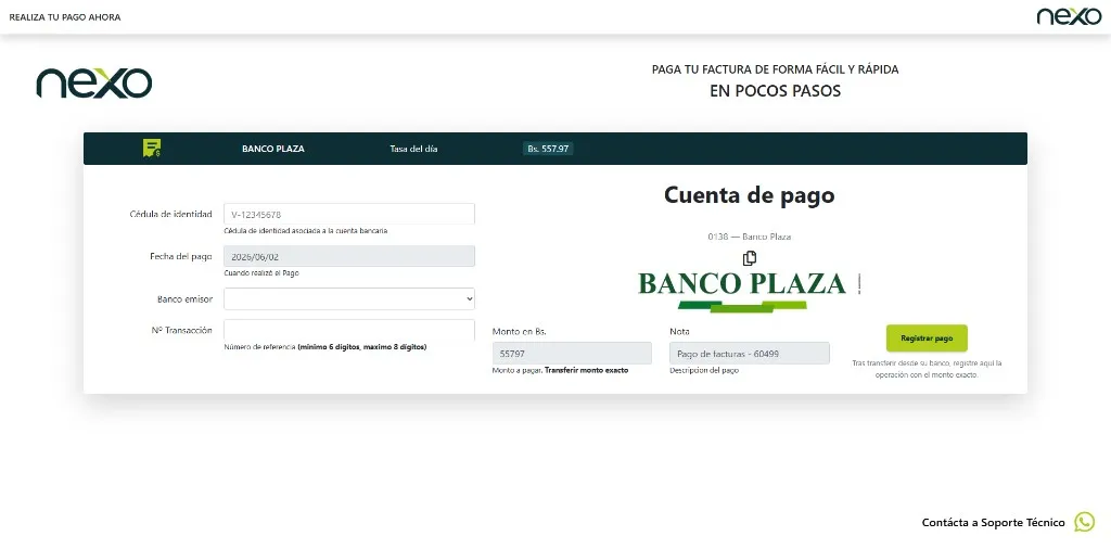 Registro de transferencia bancaria en el portal Nexo