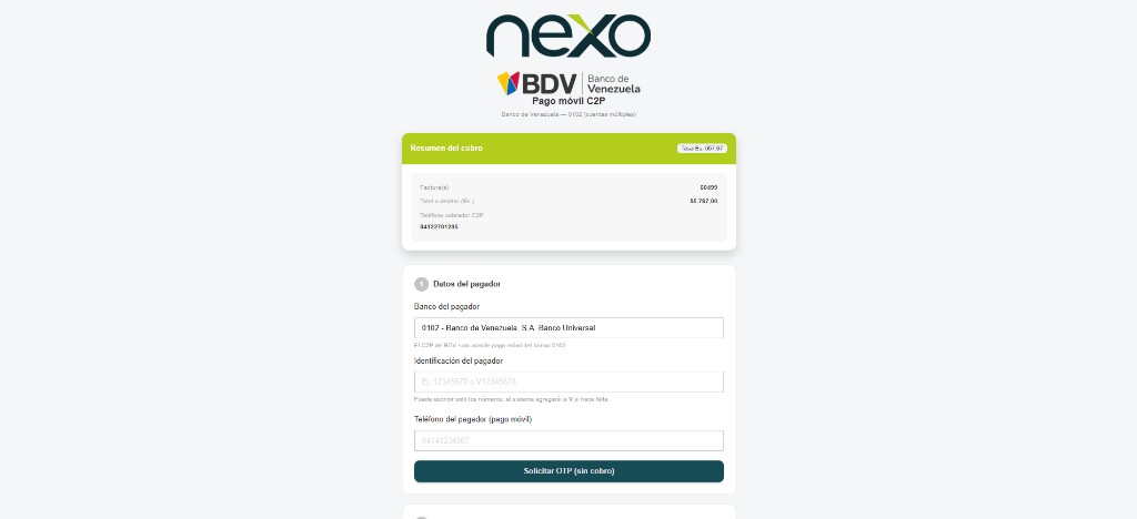 Pago móvil C2P con Banco de Venezuela en el portal Nexo